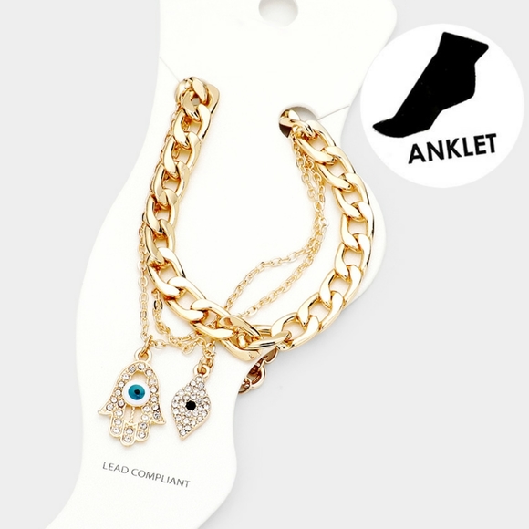 Gold Chain Hamsa Eye Pendant Layered Anklet Metal - Picture 2 of 4